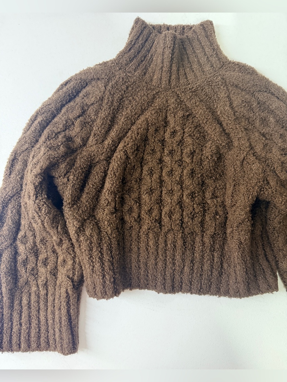 Express Brown Fuzzy Cable Knit Cropped Mock Neck Sweater Women’s XS Bell Sleeve